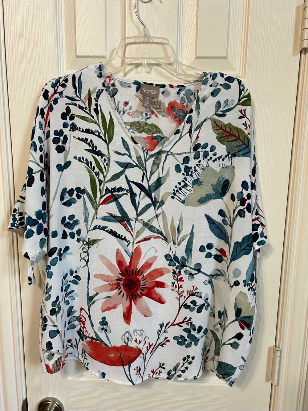 Chico's White Floral V-Neck Blouse with Red and Teal Botanical Print